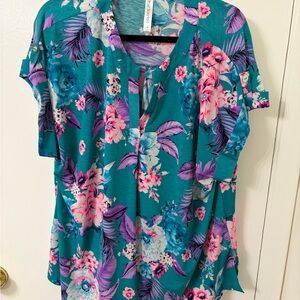Dear Scarlett Lizzy Top- Teal Floral Blouse with Pink and Purple Accents